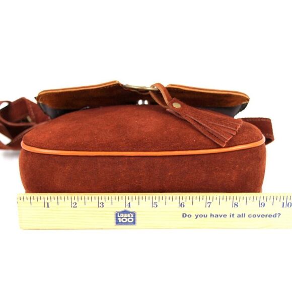 HANDCRAFTED BROWN GENUINE LEATHER SUEDE EMBROIDERY FLAP XBODY PURSE SHOULDER BAG - Picture 14 of 16